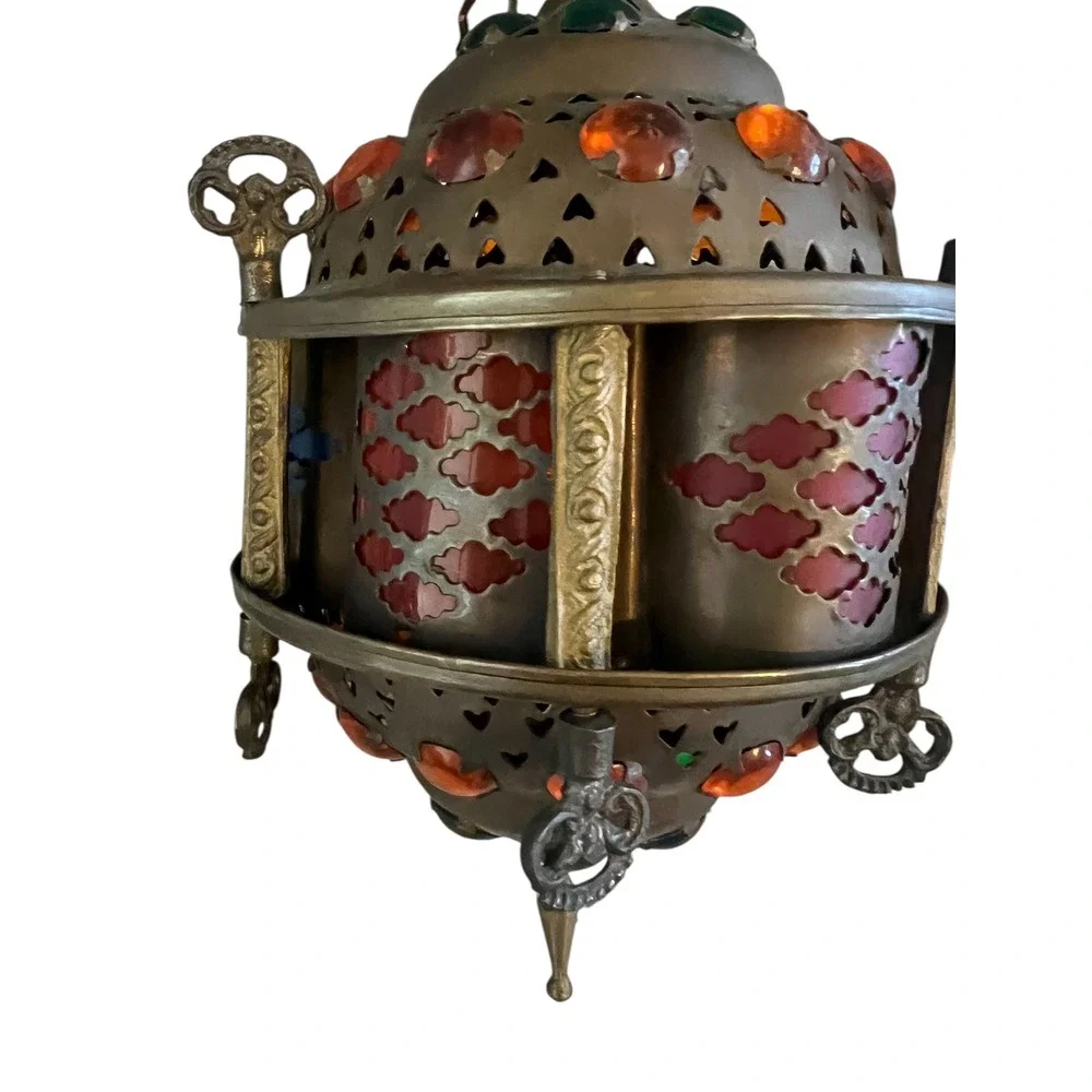 Vintage Moroccan Brass Jeweled Lantern Hanging Swag Lamp Colorful Glass Cabochon